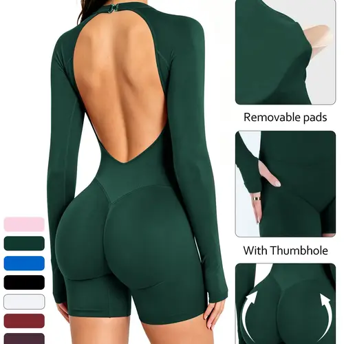 Long Sleeve Seamless Halter Bodysuit Jumpsuit with Shorts, Large Backless, Snap design, Quick-Dry Breathable Fitness Bodysuit with Hand-Cover Sleeves, Hip-Lifting One-Piece for Sports, Fitness, Dance & Outdoor, Sporty Jumpsuit