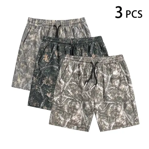 Men’s woven shorts with digital print, suitable for summer wear, street-style design, elastic waistband.