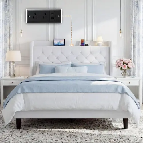 SHA CERLIN Diamond Tufted Upholstered Platform Bed Frame with Charging Station and Storage Headboard Velvet Linen Full Queen King, Bed Frames, King Size Bed Frame,dorm essentials,home decor