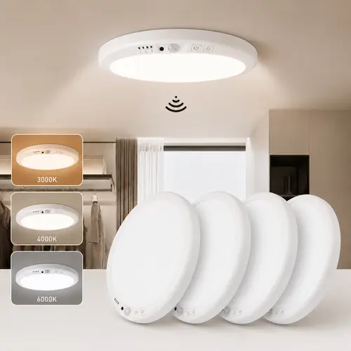GIVRYES 4-Pack Rechargeable Motion Sensor Ceiling Lamps, Remote-Controlled Smart Light with 3 Color Modes, Magnetic Mount Saves Time and Hassle, Wireless LED Rechargeable Night Light for Closet, Hallway
