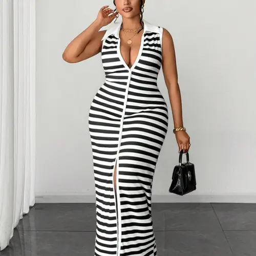 Plus Size Striped Lapel Sleeveless Casual Lightweight Dress Style Fit, Deep V Front Split Bodycon Long Skirt, Perfect for Dates Parties Office Vacation Shopping Afternoon Tea Girl Friends Gathering Light Business Events
