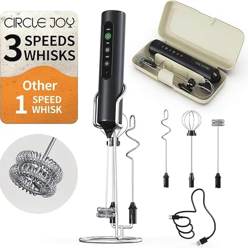 Rechargeable Cordless Milk Frother with Stand - Kitchen Gadgets for Home Chefs, 4 Interchangeable Dishwasher-Safe Whisks, 1500mAh Battery, Compact Travel Case, Auto Shut-Off, Foam Creation Handheld Mixer for Lattes
