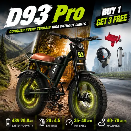 New electric bicycle for spring 2026 adopts a high carbon steel frame, hydraulic shock absorption, full suspension system, maximum speed of 35~40 MPH, 48 volt 1500W motor, riding assistance range of 40-70 miles, 20 * 4.5-inch all terrain tires, snow tires