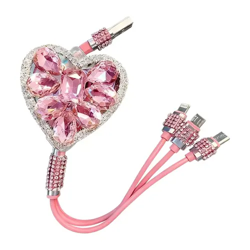Multi Charging Cable, 3-in-1 Bling Rhinestone Retractable Car Charging Cable with Type-C/Lightning/Micro USB Connectors, Universal Sparkly Car Interior Accessory (Pink)