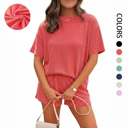 Women's Summer Casual & Comfortable Loungewear Set — Short-Sleeve Cable-Knit Top & Pocketed Shorts (Ribbed Texture)