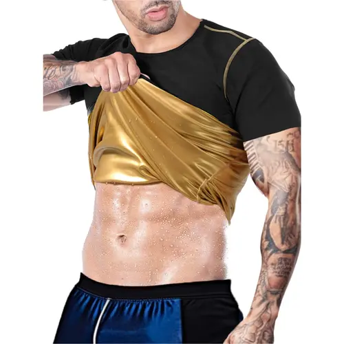 Men'S Sauna Suit Shirt - Sweat Absorbent Compression Vest with Waistline, Quick-Dry Workout Top for Gym, Training & Casual Wear - All-Season Body Shaper Jacket in Black & Golden, Sleek Modern Design, Durable Sportswear, Sweat-Resistant Fabric,