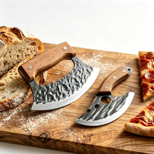 Rustic Handmade Hammered Steel Knife Set, 2-Piece Meat Prep Cleaver & Chopping Knife, for Home Kitchen & Outdoor Camping Use Block Wood Wooden