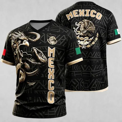 Men's Slim Fit Mexico Soccer Jersey - V-Neck Short-Sleeve Shirt with Mexican Eagle Snake Aztec Motifs, 3D Graphic Pops in Crowd, MEXICO Letter Print - Soccer Fashion for Games, Casual Streetwear (S-5XL)