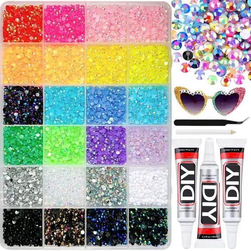 24-Piece Multicolor Flat Back Rhinestone Nail Art Kit, Nail Art Supplies, Nail Art Products, Includes DIY Glue, Tweezers, Dotting Tool, Perfect for Crafts, Gifts