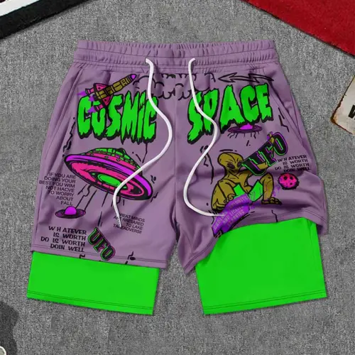 Men's 2-in-1 Liner Gym Shorts, Cosmic Space UFO Print Quick Dry Lightweight Workout Shorts with Phone Pocket, Casual Summer Running Athletic Shorts, Cartoon Graphic Fitness Shorts