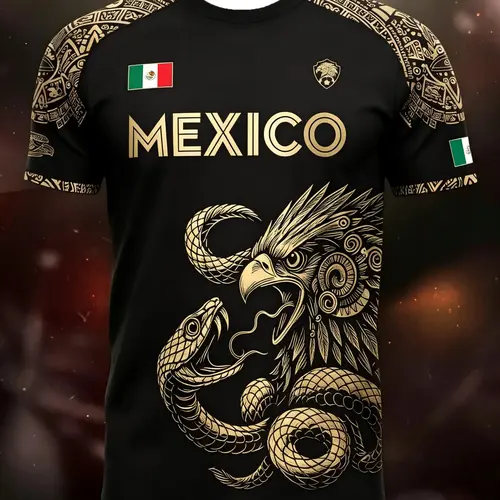 Men's Mexican Themed Sports T-Shirt, Aztec Eagle & Snake Totem Short Sleeve Soccer Jersey, Quick-Dry & Breathable Fabric, Casual Slim-Fit Top, Mexico Soccer Shirt, Football Shirt, Football Athletic Shirt, Short Football Jerseys