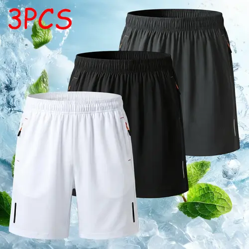 Men's 3-Pack Fitted Stretchy Ice Silk Active Athletic Shorts, Athletic Wear with Zipper Pockets, Drawstring Waist, Reflective Stripes for Gym, Running, Dark Gray + Navy Blue + Black