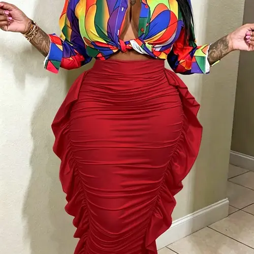 Spring Autumn Women's Solid High Waist Ruffle Bodycon Fit Midi Skirt, Casual Daily Wear, Vacation Style, Chic, Elegant and Comfortable