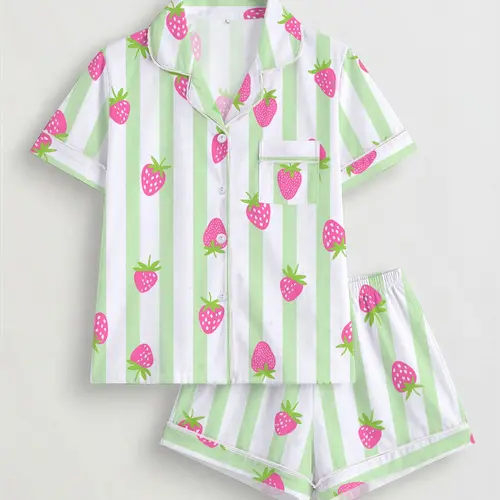 2-Piece Strawberry Striped Print Ladies Cute Pajama Set Pjs, Short Sleeve Shirt with Turn-Down Collar and Buttons, Comfortable All-Season Casual Sleepwear and Loungewear Homewear for Women, Perfect for Home, Sleepovers, and Outdoor Lounging