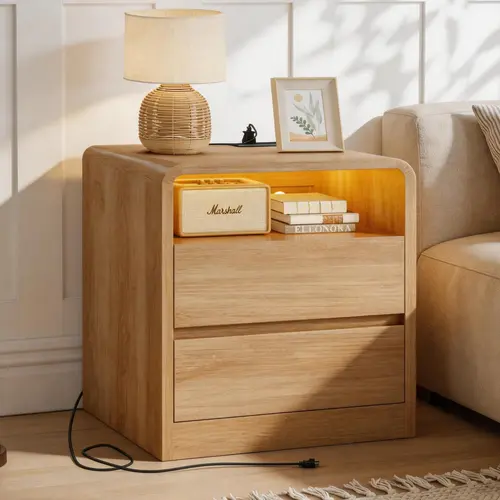 Modern Solid Wood 2-Piece Nightstand Sets with Charging Station, RGB Lights, 2 Drawers, Storage Shelf - Stable Bedroom Bedside Table Cabinet, Indoor Furniture for Office Deskmakeover, Modern Wooden Nightstand