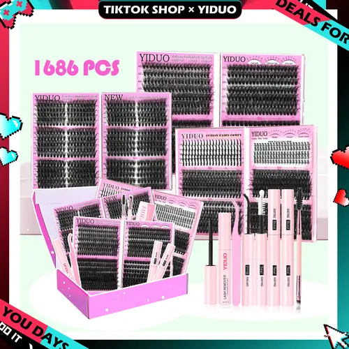 YIDUO Volume Mega Lash Clusters Eyelashes Kit Set - 1110/1479/1686 Pcs Synthetic Hair D Curl Cosmetic Gift Pack, 2X Bond & Seal, Soft Wispy Natural DIY Lashes for Beginners Adults, Bulk Makeup Set (Deals for You Days)
