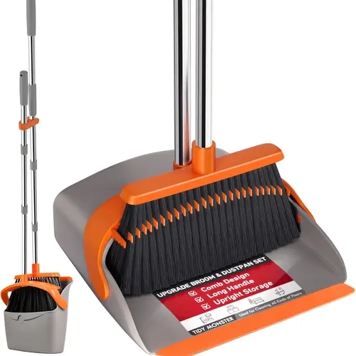 Broom with Dustpan Combo Set, Large Upright Brooms and Dust Pans with 52" Long Handle, Self-Cleaning with Dustpan Teeth. Perfect for Indoor Outdoor.