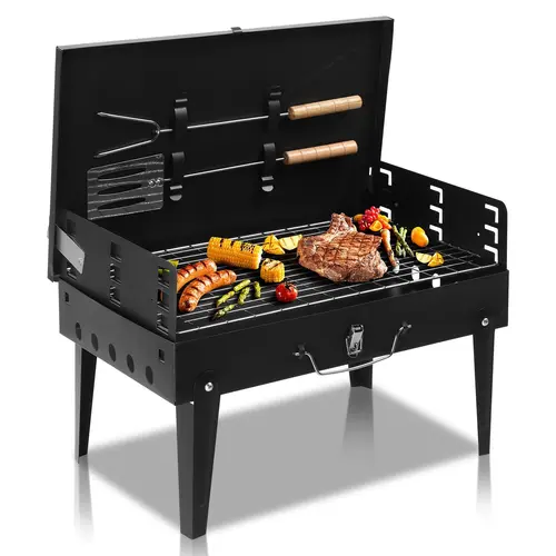 Portable Folding Cast Iron Square Barbecue Grill - 17x10x18in Outdoor Charcoal Grills BBQ with Lid & Accessories, Folding Design for Camping, Parks, Hiking Parties