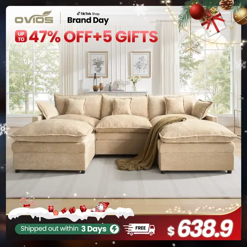 【2/3 Packages Shipping】Ovios 143" U-Shaped Modular Sectional Sofa with 2 Ottomans, Comfy Chenille Cloud Couch, Deep Seat Sofa Bed with 5 Pillows for Living Room, Bedroom & Apartment