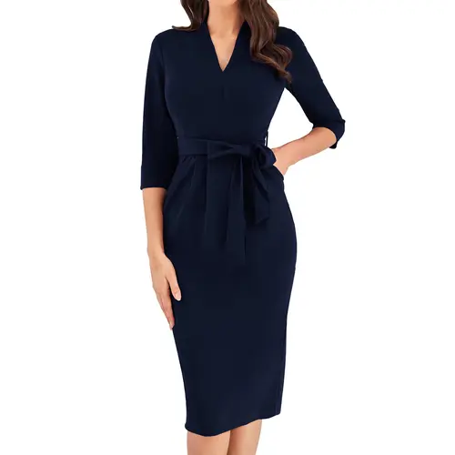 GRACE KARIN Womens Work Dresses V Neck 3/4 Sleeve Back Zipper Tie Waist Bodycon Dress Office Cocktail Dress with Pockets