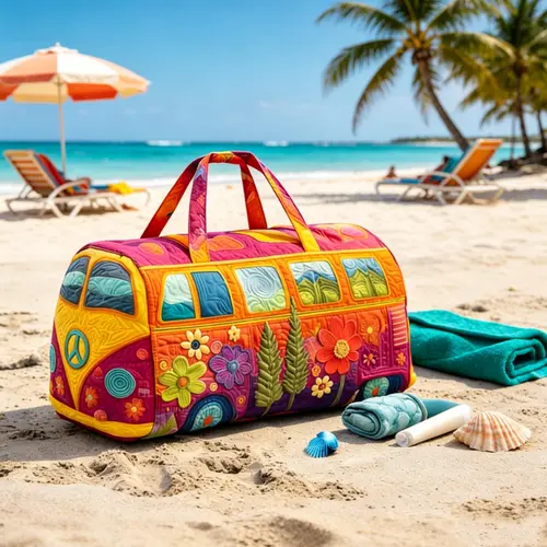 18" Unisex VW Bus Quilted Duffle Bag - Boho Hippie Design Multi-Function Travel Luggage Bag, Lightweight Durable Weekender for Beach Festival, Sports & Outdoor Gym Use, Travel Luggage Bags