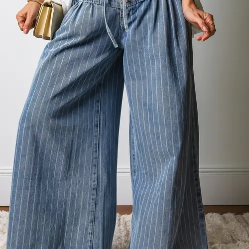 Women's Stripe Denim Jeans - Casual High Waist Pleated Paperbag Waist with Drawstring Tie, Modern Wide Leg Denim Fabric, 90S Look Streetwear All Season Bottoms, Pants