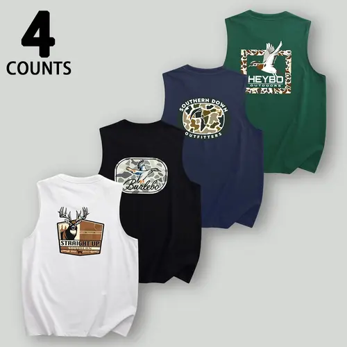 Men's Stylish 4-Piece Menswear Set - Crewneck Sleeveless Tank Tops, Regular Fit Summer Casual with Letter Prints, Camouflage Frames, Wild Animal Designs, Breathable Polyester Outdoor Clothing for Camping Trips, Weekend Travel