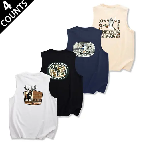 Men's 4-Piece Stylish Sleeveless Vest Set - Outdoor Graphic Tank Tops, Sleeveless Shirts, Regular Fit, Letter & Camouflage Frame Prints, Wild Animal Graphics, Breathable Fabric, Summer Casual Clothes for Camping Trips, Weekend Travel