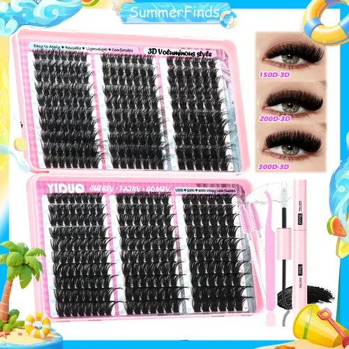 YIDUO Fluffy D Curl Cluster Lashes Kit, Complete Eyelash Extensions Set with Bond & Seal and Organizer Book, Cosmetic Makeup for DIY Home or Salon Use, Lash Extensions