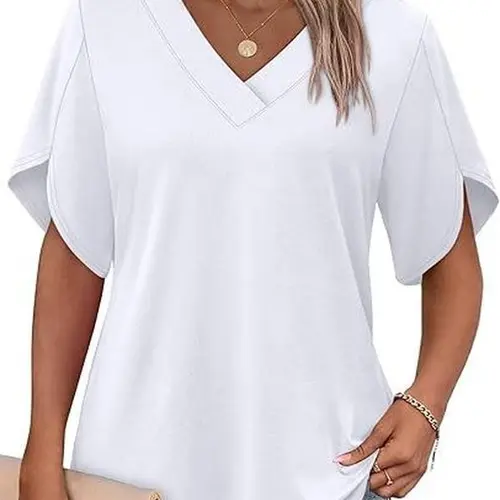 Womens Summer Tops Short Petal Sleeve Shirts Casual Fashion V Neck Out