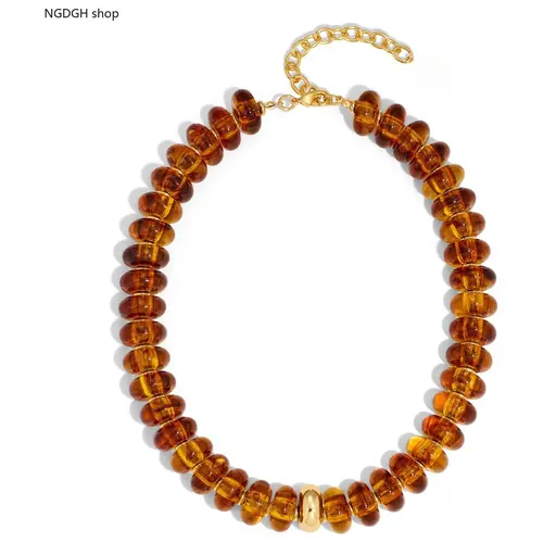 Amber Beaded Choker Necklace, Chunky Disc Beads with Gold Accent, Vintage Tortoiseshell Style, Adjustable Gold Chain, Perfect for Retro Outfits, Fall Fashion & Statement Looks, Beaded Necklaces