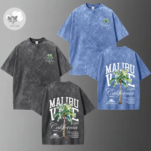 Men’s Retro Street Style Lightweight Cotton Short-Sleeve T-Shirt - Palm Tree Print, Washed Distressed Design, Good Graphic Tees - Suitable for Casual Wear, Sports - Ideal Summer Gifts for Him, Tops, Shortsleeve