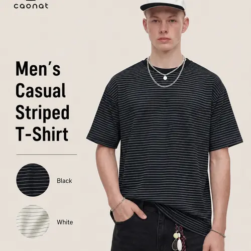 Men's Soft Knit Striped T-Shirt, Casual Loose-Fit Crew Neck Top for Comfortable Daily Wear and Streetwear, Men's T Shirts, Classic Stripes, Easy Match, Shortsleeve, Fabric, Tshirt, Casual Fit, Clean Stripes, Relaxed Vibe