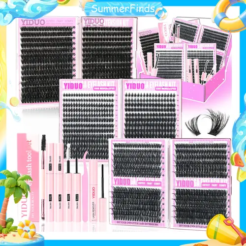YIDUO Mega Volume Lashes Clusters Kit - 2X Bond & Seal, Cosmetic Beauty Products for Adults, DIY Fluffy Wispy Extensions, Beginner Bulk Pack for Natural Look Bottom Lashes, BackToSchool