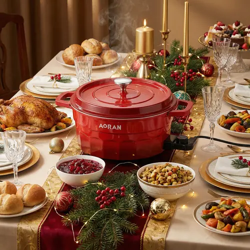 AORAN Red enamel  dual-zone electric hot pot featuring rapid heat transfer and high-temperature resistance with a non-stick coating for easy cleaning