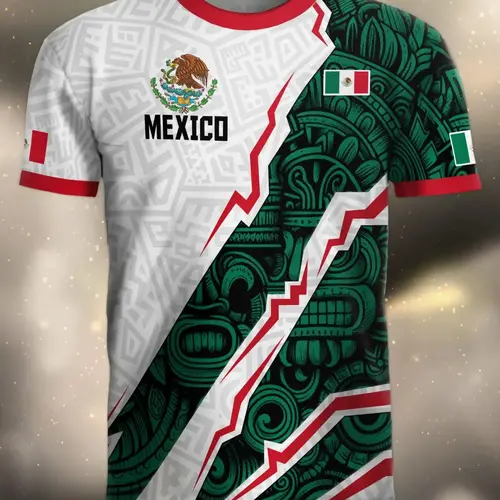 Mexican Style Aztec Print Short-Sleeve Jersey, Mexican Flag Theme Sports T-Shirt, Slim-Fit Lightweight Top, Casual Sportswear, Activewear T Shirt, Casual Workout Shirts