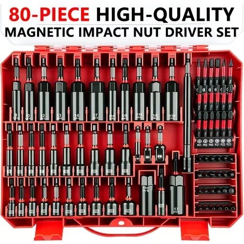 BOURVILL 80pcs High-quality Magnetic Impact Screwdriver Set, Including Metric And SAE Sizes, with Socket Adapter, Screwdriver Clamp, Wing Nut Driver, Universal Socket, Quick-release Extension Rod, Electric Driver Head, Professional Tool Set.