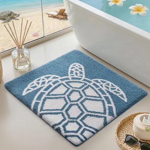 DEXI Thick Animal Ocean Sea Turtle Non-Slip Waterproof Bath Mat - 24x24in Square Home Supplies, Anti-Splash, Absorbent Soft Microfiber, Washable Rubber Backing, Modern Bathroom Decor for Tub/Shower Floor, Blue and White, Bath Mat For Tub, Animals, Shower,