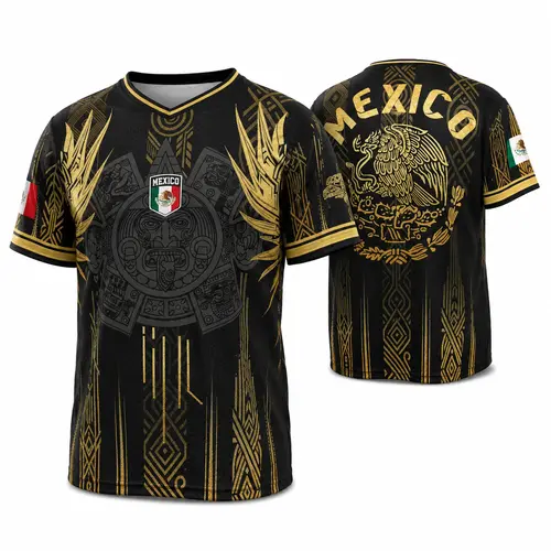 Men’s Mexican-Inspired Black Gold V-Neck Graphic Shirt, Short Sleeve Cultural Heritage Top with Eagle and Geometric Artwork