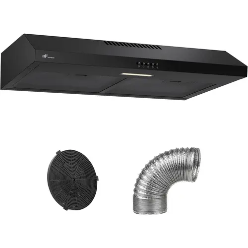 Upstreman 30-Inch Slim Durable Stainless Steel Under Cabinet Range Hood - Kitchen Appliances with 1.5W LED Lights, Push Button Control, 3-Speed Exhaust Fan, Ducted/Ductless Convertible, 3-Layer Aluminum Filters, Charcoal Filter, 60 Decibels, Black-HU30