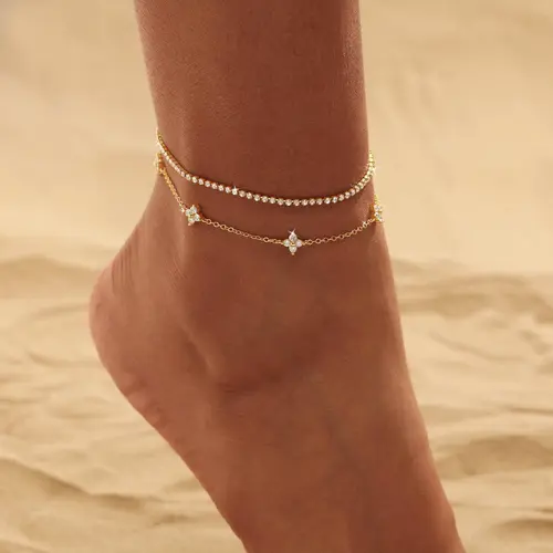CAROVO Gold Double Layer Clover Anklet, 5pcs Clover Charm Tennis CZ Foot Chain, Waterproof Stackable Beach Ankle Bracelet for Women