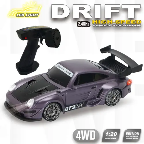 UDROLL 1:20 Scale 4WD Unisex Indoor RC Car Toy - 2.4GHz High-Speed Widebody Sports Drift Car with LED Lights & Batteries