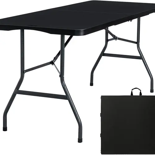 6FT Heavy-Duty Folding Plastic Outdoor Portable Table - Fold-in-Half Design, Carry Handle, Easy Portability for Busy Events, Porch to Patio Use, Versatile for Camping & Indoor Dining