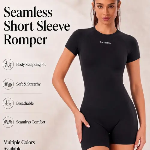 Tayoea Seamless Round Neck Tight Fit Breathable Shaping High Elastic Short Sleeve Backless Romper, Ideal for Running Yoga Fitness Cycling
