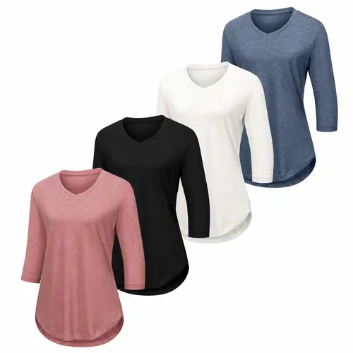 VILIGO 4 Pack 3/4 Length Sleeve Womens Tops V Neck T Shirts Casual Basic Tees Loose Fit Plus Size Tops Spring Summer Fall Clothes Long Sleeve Vneck