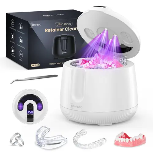 UMPOPO Automatic 48kHz Ultrasonic Oral Cleaner Tool - Compact Small-Size Appliance with Tweezers, for Aligners & Dentures, Family Use, Ideal Gift for Elders, Uses Water or Tablets, Cleaning Tools