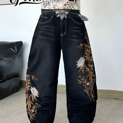 UP.THE Y2K Black Wide-Leg Jeans with Bamboo & Flower Embroidery – Harajuku Streetwear Denim