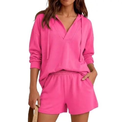 Fisoew Women's 2-Piece Cloud-Soft Lounge Set, Long-Sleeve V-Neck Oversized Pullover Hoodie & Shorts, Everyday Athleisure Style, Active Travel Fall Outfit, 2 Piece Sets