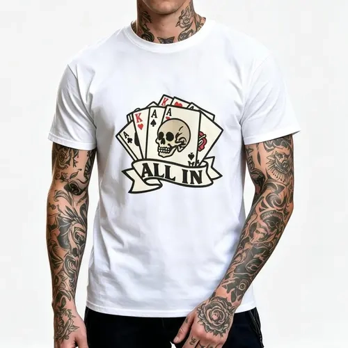 Vintage Tattoo ALL IN Poker Skull Graphic Men’s Crew Neck T-Shirt, Retro Playing Cards Short Sleeve Tee, Soft Cotton Streetwear Shirt for Gamblers, Poker Lovers & Daily Casual Outfits, Black & White Available,Grunge Graphic Album T-Shirt,graphic tees