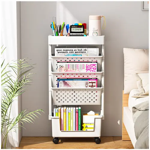 【Back-to-School】Desk Organizers and Accessories, Office Supplies Desktop Organizer with Wheels, Desk File Organizer, 5 Tier File Folder Holder,Magazine Storage Bookshelf for School Classroom Home (White)